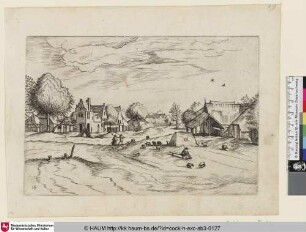 [Country Village with Sheep and Sitting Shepherd; Dorf mit Hirte und Schafen]