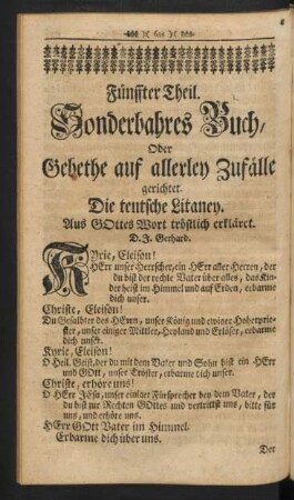 Fünffter Theil. Sonderbahres Buch, Oder Gebethe auf allerley Zufälle gerichtet. Die teutsche Litaney ...