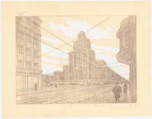 Hochhaus auf einem Baublock im Zentrum Berlins: Perspektivische Ansicht (von Inv.Nr. 9017)