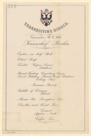 Menükarte : Thanksgiving Dinner, Kaiserhof