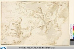 Juno auf Wolken thronend, links von ihr bittende Kniende; Putten halten eine Vorhang über Juno