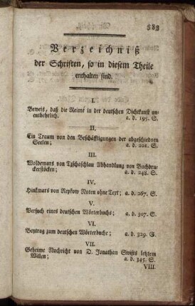 Verzeichniß der Schriften, so in diesem Theile enthalten sind