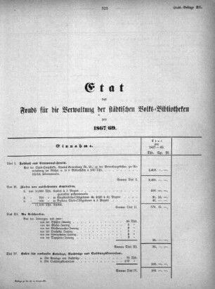 1867,31: Etat des Fonds für die Verwaltung der städtischen Volks-Bibliotheken pro 1867/69