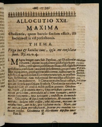 177-186, Allocutio XXII. Maxima. Obedientia, quem baculo similem efficit, illi baculus est in viâ perfectionis