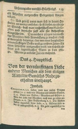 Das 4. Hauptstück. Von der vernünfftigen Liebe anderer Menschen als dem einigen Mittel die Gemüths-Ruhe zuerhalten überhaupt.