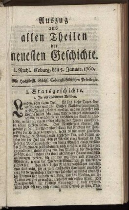 I. Nachl. Coburg, den 5. Januar. 1760.