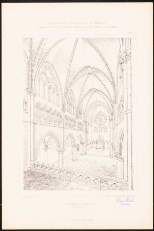 Dreischiffige Kirche: Perspektivische Innenansicht (aus: C. Schäfer, Die Bauhütte, Entwürfe im Stile des Mittelalters, 3. Bd., 1895, Blatt 25)