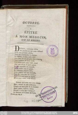 Octobre. Épître À Mon Médicin, Sur Le Régime.
