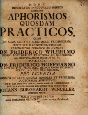 Diss. inaug. med. exhibens Aphorismos quosdam practicos