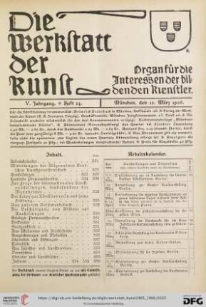 Inhalt / Arbeitskalender / Mitteilungen der Allgemeinen Deutschen Kunstgenossenschaft / Geplante Ausstellungen / Eröffnete Ausstellungen / Laufende Preisausschreiben