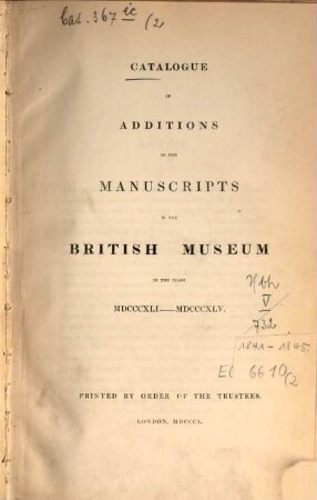 Catalogue of additions to the manuscripts : in the years ..., 2. 1841/45 (1850)