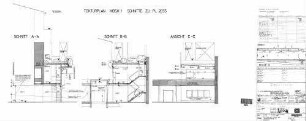 Stuttgart Hbf: Tekturplan Kiosk 1 mit Lastenaufzug L 1 / Schnitt A-A, B-B; Ansicht C-C Nebengeb.