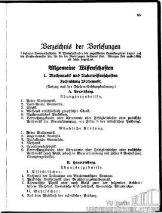 Verzeichnis der Vorlesungen (Prüfungspläne, Studienpläne, Vorlesungen) Fakultät für: