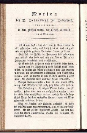 Motion des B. Schneiders von Bubendorf, vorgetragen in dem großen Rathe der helvet. Republik den 28 May 1798.