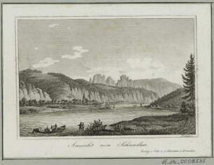 Ansicht von Bad Schandau, Radierung. um 1840 : Ansicht von Schandau / Pescheck sc. - Dresden : Otto u. Lehmann, [ca. 1840]. - 1 Kunstblatt : Radierung ; 10,8 x 7,3 cm