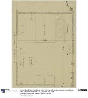 Ausstattung dreier Wohnräume für die internationale Ausstellung in Turin, Schlafzimmer, Grundriss mit Möblierungsplan
