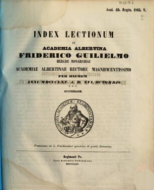 Index lectionum in Academia Albertina ... habendarum. 1865. WS