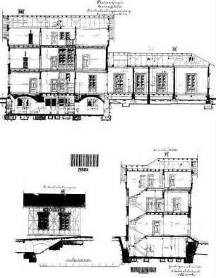 Gingen (Fils): Empfangsgebäude Längs- Querschnitt,Ansicht,Treppenhaus