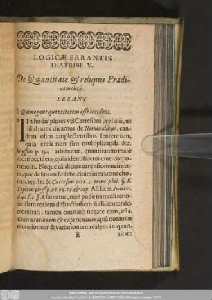 Logicae Errantis Diatribe V. De Quantitate & reliquis Praedicamentis.