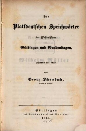 Die plattdeutschen Sprichwörter der Fürstenthümer Göttingen und Grubenhagen