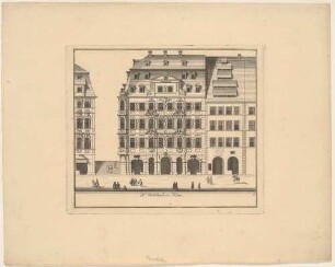 Dr. Schachers Haus in Leipzig, Fassade mit Staffage, Blatt 9 aus einer Reihe Leipziger Wohnhäuser und Palais’