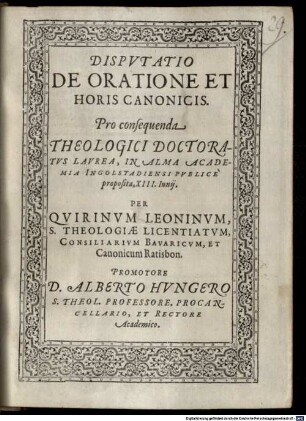 Dispvtatio De Oratione Et Horis Canonicis