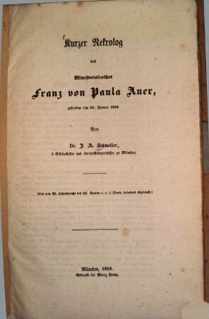 Kurzer Nekrolog des Ministerialrathes Franz von Paula Auer : gestorben den 18. Januar 1849