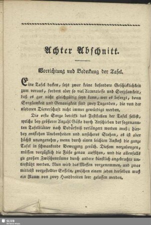 Achter Abschnitt. Vorrichtung und Bedeckung der Tafel