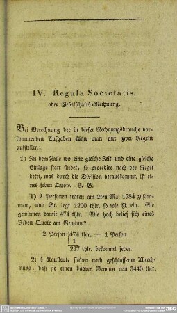 IV. Regula Societatis oder Gesellschafts-Rechnung