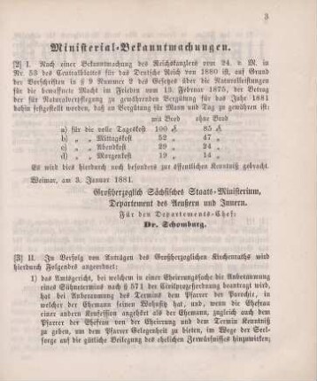 2. Ministerial-Bekanntmachung, die Militärvergütungssätze für Natural-Leistungen im Jahre 1881 betreffend
