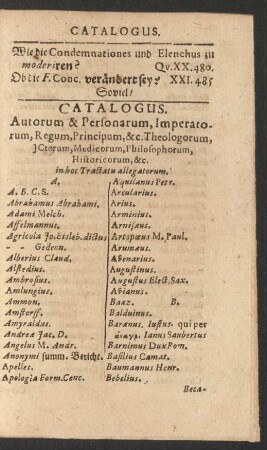 Catalogus. Autorum & Personarum, Imperatorum, regum, Principum, &c. Theologorum Jctorum, Medicorum, Philosophorum, Historicorum, &c.