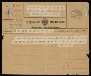 91: Telegramm von Raymond Saleilles an Otto von Gierke, Divonne, 11.8.1908