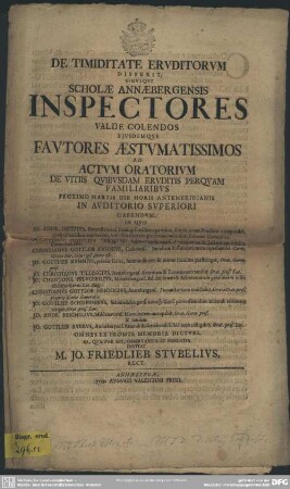 De Timiditate Eruditorum Disserit Simulque Scholae Annaebergensis Inspectores Valde Colendos ...