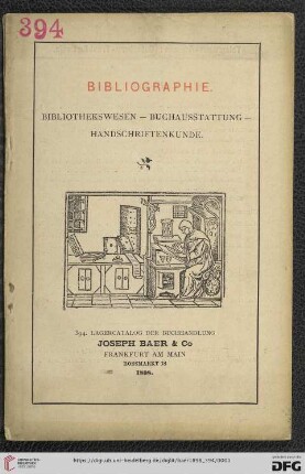 Nr. 394: Lagerkatalog / Josef Baer & Co., Frankfurt a.M.: Bibliographie - Bibliothekswesen, Buchausstattung, Handschriftenkunde