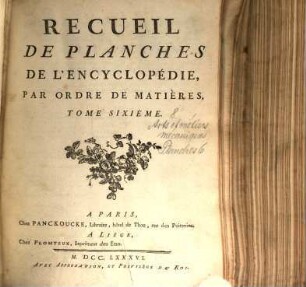 Encyclopédie Méthodique, Ou Par Ordre De Matieres : Par Une Société De Gens De Lettres, De Savants Et D'Artistes ; Précédée d'un Vocabulaire universel, servant de Table pour tout l'Ouvrage, ornée des Portraits de MM. Diderot et D'Alembert, premiers Éditeurs de l'Encyclopédie, [8,a],6. Recueil De Planches De L'Encyclopédie, Par Ordre De Matières ; T. 6 : [Arts et métiers mécaniques]