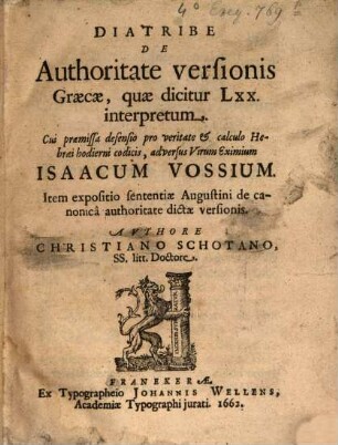 Diatribe de authoritate versionis graecae, quae dicitur LXX interpretum
