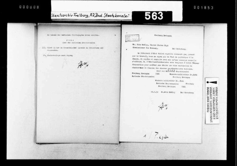 Abschuss von Auerhähnen durch Gäste des Staatspräsidenten (Generalkonsul Dr. Adolf Ammann, Regierungs- und Nationalrat Fritz Brechbühl, Ministerpräsident Kopf, Hochkommissar John McCloy und Sohn, Commandant en Chef en Allemagne General Noiret)