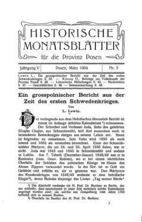Ein grosspolnischer Bericht aus der Zeit des ersten Schwedenkrieges / von L. Lewin