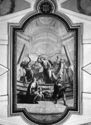 Christus vertreibt die Geldwechsler aus dem Tempel : Christus vertreibt die Geldwechsler aus dem Tempel. Fresko (um 1800; J. M. Schmutzer). Außervillgraten, Katholische Pfarrkirche Sankt Gertraud