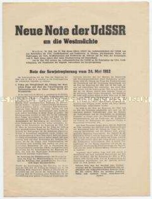 Sonderdruck zu dem Notenwechsel zwischen der UdSSR und den Westalliierten über einen Friedensvertrag mit Deutschland und gesamtdeutsche Wahlen