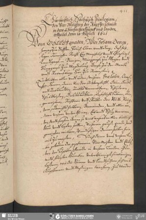 Churfürstlich, Sächsisch Privilegium, den Vier Meistern der Kupfferschmide in dero Churfürstenthumb vnd Landen ertheilet, denn 10. Augusti 1621