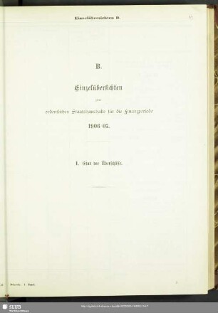 B. Einzelübersichten zum ordentlichen Staatshaushalte auf die Finanzperiode 1906/07