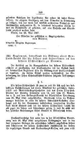 Reglement, betreffend die Bildung eines Pensions-Fonds für die Lehrer und Lehrerinnen an der höheren Töchterschule zu Demmin : [IV. Seminarien, Bildung der Lehrer und deren persönliche Verhältnisse]