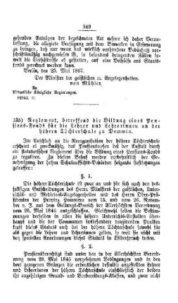 Reglement, betreffend die Bildung eines Pensions-Fonds für die Lehrer und Lehrerinnen an der höheren Töchterschule zu Demmin : [IV. Seminarien, Bildung der Lehrer und deren persönliche Verhältnisse]