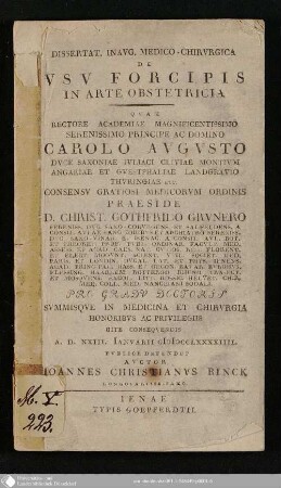 Dissertat. Inavg. Medico-Chirvrgica De Vsv Forcipis In Arte Obstetricia