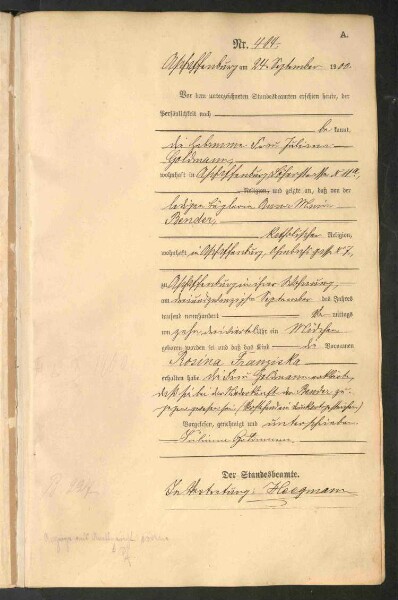 Standesamtsbuch der Stadt Aschaffenburg: Geburten 365/1900 - 184/1901