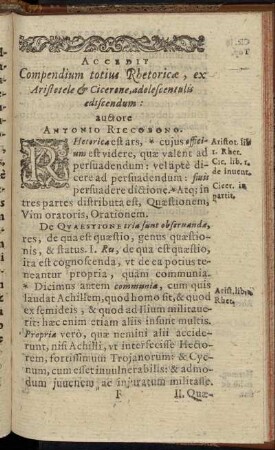 Accedit Compendium totius Rhetoricæ, ex Aristotele & Cicerone, adolescentulis ediscendum.