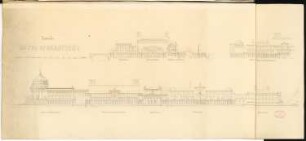 Erweiterung der Museumsinsel, Berlin Schinkelwettbewerb 1882: Gesamtanlage. Schnitt Nord-Süd, Ansichten von N und S, 1:500