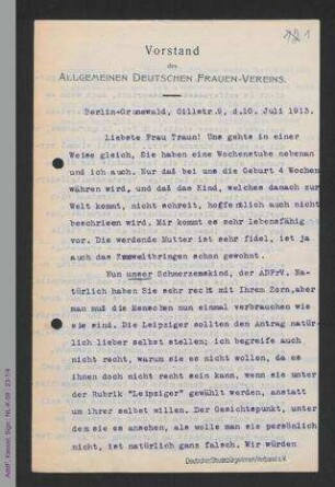 Brief von Helene Lange an Antonie Traun