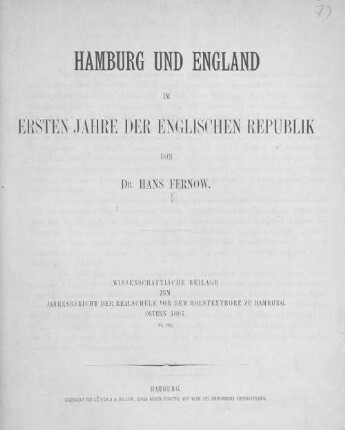 1896/97: Hamburg und England im ersten Jahre der englischen Republik